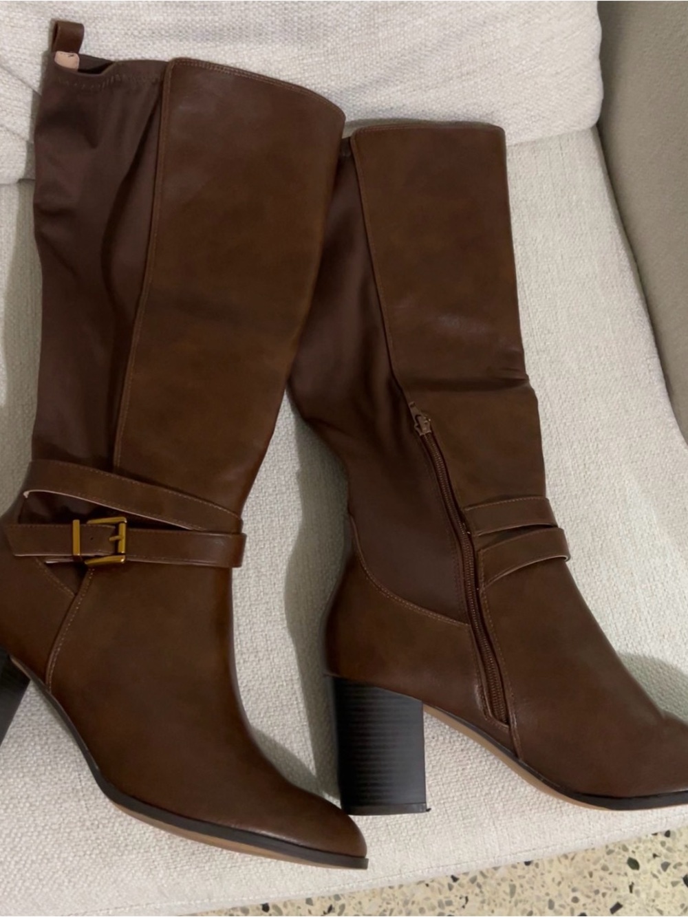 On Running Women's Brown Mid-Calf Heeled Boots with Buckle Detail